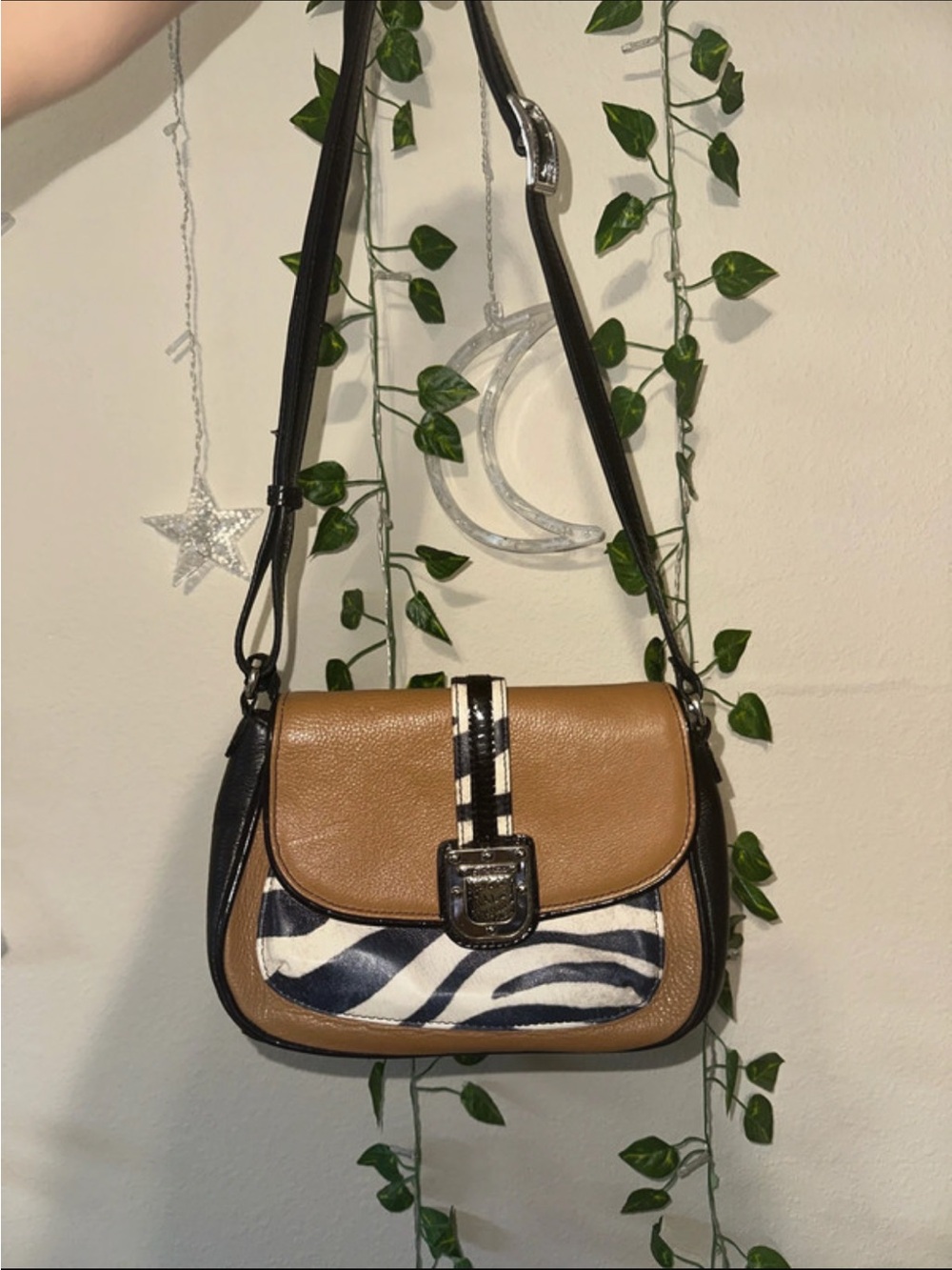 Brighton Vintage Y2K Brown and Black Zebra Accent Leather Crossbody Bag/Purse